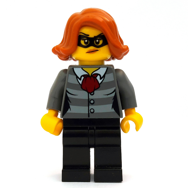 Lego Criminal, Woman, Prison Shirt with Dark Red Scarf, Dark Orange Hair, Black Eyemask
