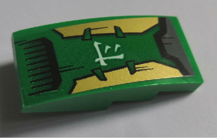 Lego Slope, Curved 4 x 2 with Gold Hull Plates and White Ninjago Logogram 'Energy' Pattern (Sticker) - Set 70605