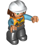 Lego Duplo Figure with Hard Hat and Long Hair, Black Legs, Safety Vest, Nougat Hands / Orange