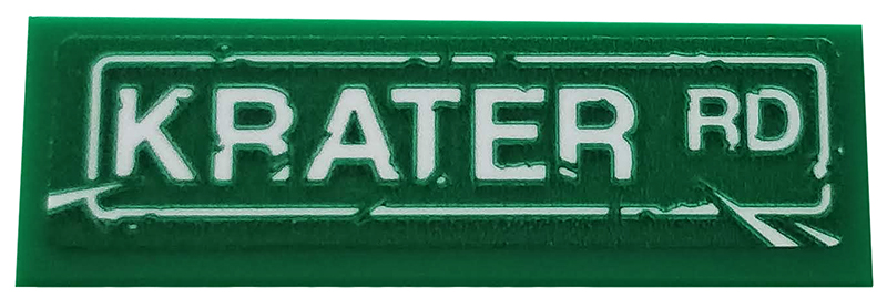 Lego Tile 1 x 3 with Road Sign with White 'KRATER RD' and Scratches Pattern (Sticker) - Set 76128 / Green