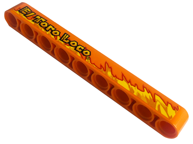 Lego Technic, Liftarm Thick 1 x 9 with 'EL TORO LOCO' and Yellow Flames Pattern Model Right Side (Sticker) - Set 42135 / Orange