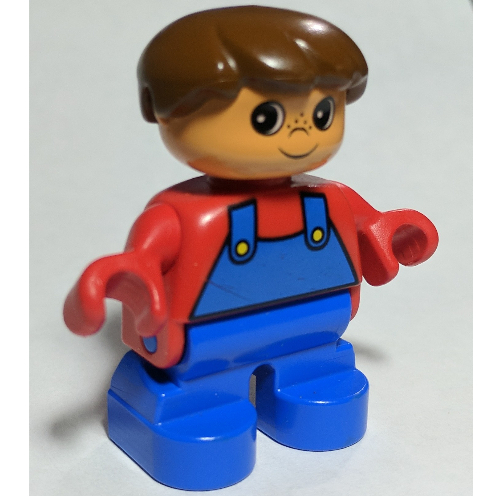 Lego Duplo Figure, Early Child, Hair Swept Left Brown, Blue Legs, Red Top with Blue Overalls Print