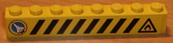 Lego Brick 1 x 8 with Black and Yellow Danger Stripes, Shuttle Left, Flame Right Pattern (Sticker) - Set 6459 / Yellow