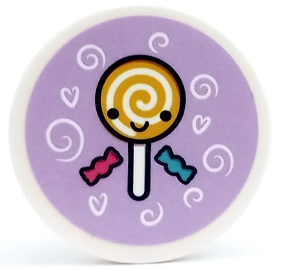 Lego Tile, Round 3 x 3 with Candy, Lollipop, Swirls and Hearts on Lavender Background Pattern (Sticker) - Set 41450