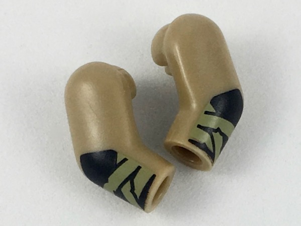 Lego Arm, (Matching Left and Right) Pair with Black Gloves, Olive Green Wrappings Pattern / Dark Tan