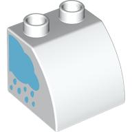 Lego Duplo Brick 2 x 2 x 1 1/2 with Curved Top with Rainbow on Left Side, Rain Cloud on Right Side Print / White
