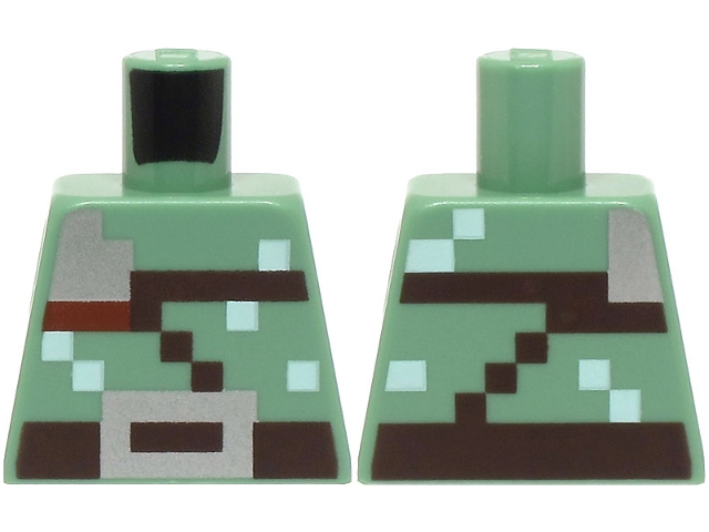 Lego Torso Pixelated Dark Brown Strap and Belt with Silver Buckle and Shoulder Guard Pattern / Sand Green