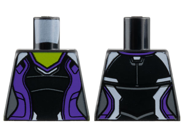 Lego Torso Female Super Hero Costume with Dark Purple Side Panels and White Shoulders, Lime Neck Pattern / Black