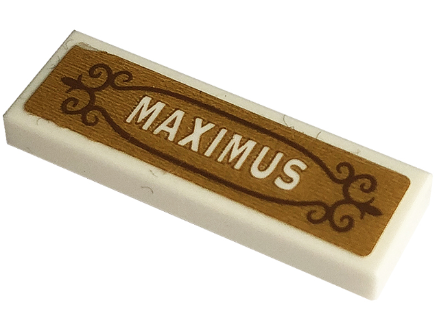 Lego Tile 1 x 3 with White 'MAXIMUS' on Gold Background Pattern (Sticker) - Set 43195