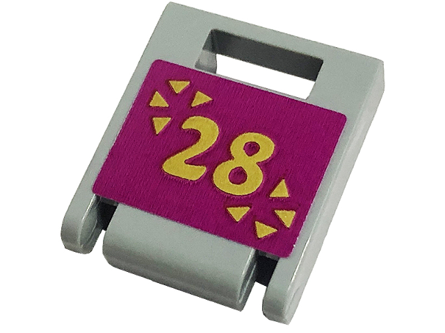 Lego Container, Box 2 x 2 x 2 Door with Slot with Gold Number 28 on Magenta Background Pattern (Sticker) - Set 41449 / Light Bluish Gray