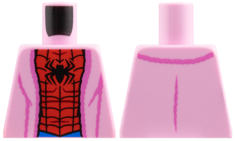 Lego Torso Bathrobe with Dark Pink Hem and Creases, Red and Blue Spider-Man Costume, Black Spider and Webbing Pattern / Bright Pink