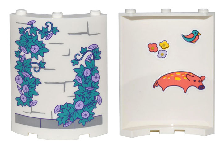 Lego Cylinder Quarter 4 x 4 x 6 with Dark Bluish Gray Brick Outlines and Dark Turquoise Vines on Outside, and Pig, Bird, and 3 Flowers on Inside Pattern (Stickers) - Set 43205 / White