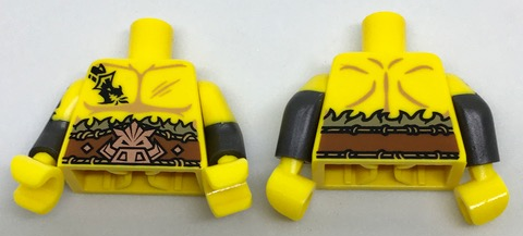 Lego Torso Bare Chest with Dragon Tattoo and Boar Head Belt Pattern / Yellow Arms with Pearl Dark Gray Cuffs and Dragon on Right Arm Pattern / Yellow Hands