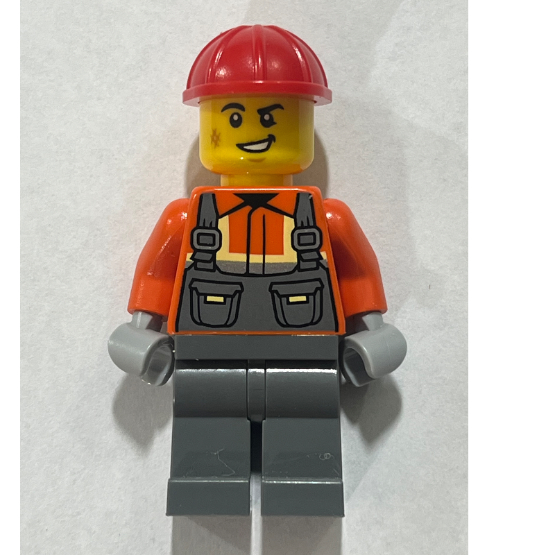 Lego Construction Worker, Reddish Orange Safety Jacket, Dark Blue Grey Legs, Red Hard Hat