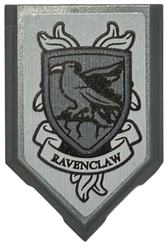 Lego Tile, Modified 2 x 3 Pentagonal with Black and Dark Bluish Gray Ravenclaw Shield, Banner and Raven Pattern (Sticker) - Set 76411