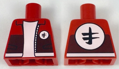 Lego Torso Jacket with Collar, Pockets, White Trim, White Circle Emblems with Asian Character Pattern / Red