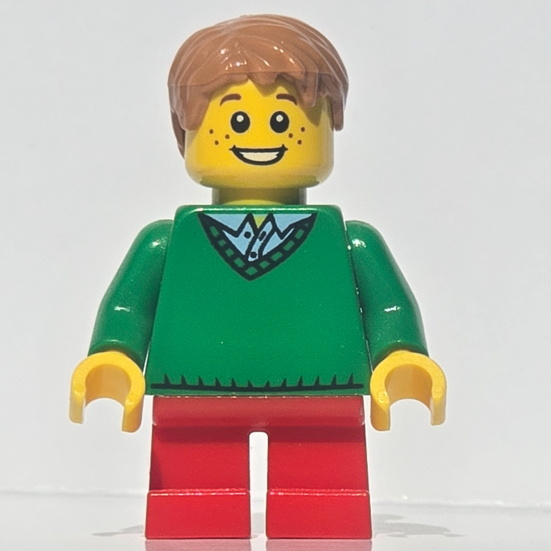 Lego Kid - Green Torso, Red Legs, Medium Nougat Hair