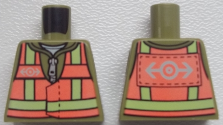 Lego Torso Jacket with Silver Zipper, Safety Vest with Reflective Stripes and White Train Logo Pattern (Undetermined Type) / Olive Green