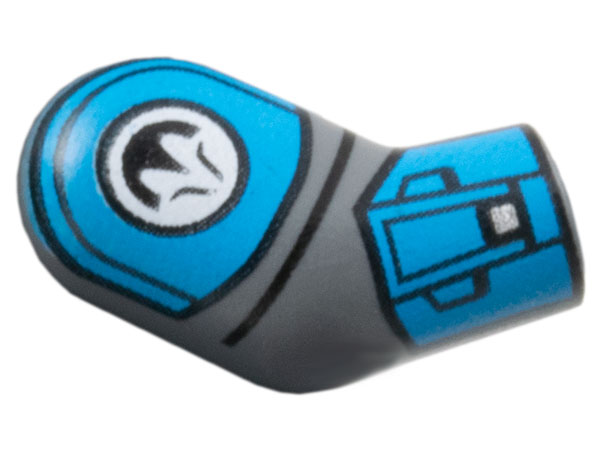 Lego Arm, Right with Dark Azure Shoulder and Cuff, Black Nite Owl Logo Pattern / Dark Bluish Gray