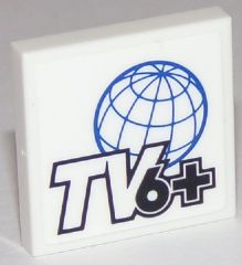 Lego Tile 2 x 2 with Black and White 'TV6+' and Blue Globe on White Background Pattern (Sticker) - Set 60111 / White