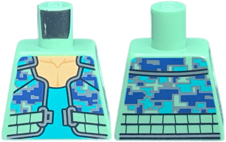 Lego Torso Dark Blue, Dark Turquoise, and Silver Pixelated Camouflage Vest with Belt and Buckle, Tank Top Pattern / Sand Green
