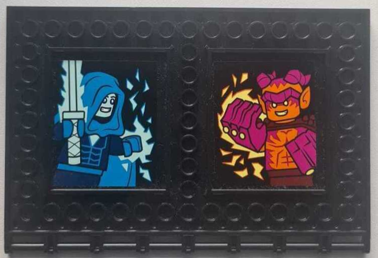 Lego Tile, Modified 10 x 16 with Studs on Edges and Bar Handles with Dark Blue and Dark Azure Video Game Minifigure with Light Aqua Katana and Ice, and Magenta, Reddish Brown and Orange Minifigure with Gorilla Fist Hands and Bright Light Yellow Fire Pattern (Stickers) - Set 60388