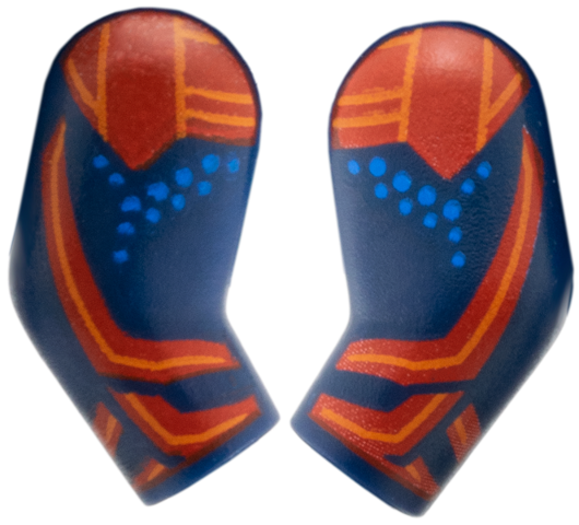 Lego Arm, (Matching Left and Right) Pair with Red Pauldron, Cuff, and Stripe, Orange Trim and Blue Dots Pattern