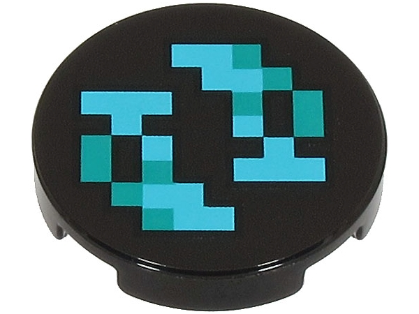 Lego Tile, Round 2 x 2 with Bottom Stud Holder with Pixelated Medium Azure and Dark Turquoise Shapes and Squares Pattern (Minecraft Sculk Shrieker) / Black