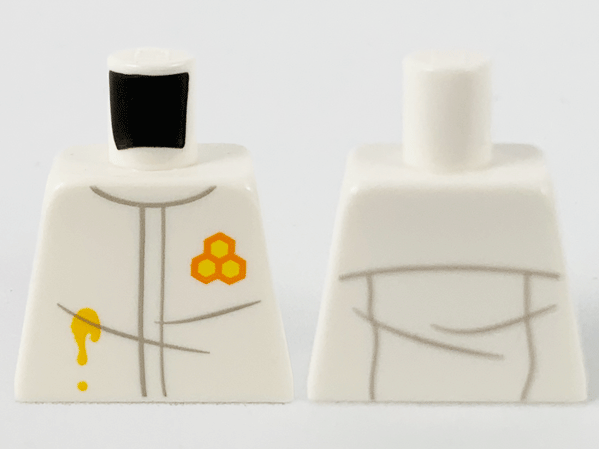 Lego Torso Jumpsuit, Light Bluish Gray Double Line and Wrinkles, Orange and Yellow Honeycomb Logo and Honey Splotch Pattern / White