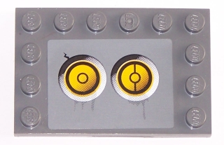 Lego Tile, Modified 4 x 6 with Studs on Edges with 2 Yellow Circles with Bionicle Code Pattern 3 (Sticker) - Set 8759 / Dark Bluish Gray