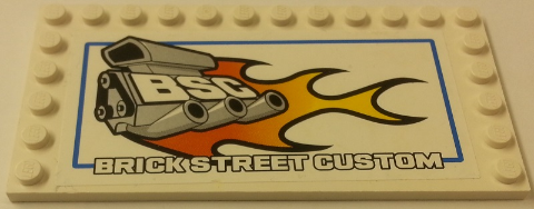Lego Tile, Modified 6 x 12 with Studs on Edges with 'BSC BRICK STREET CUSTOM' Pattern (Sticker) - Set 8154 / White
