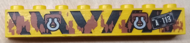 Lego Brick 1 x 8 with Mud on Black and Yellow Danger Stripes, Tow Hooks and 'A-113' Pattern (Sticker) - Set 8677