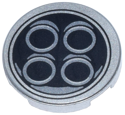 Lego Tile, Round 2 x 2 with Bottom Stud Holder with 4 Exhaust Pipes in Black Circle Pattern / Metallic Silver
