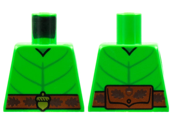 Lego Torso Leaf Costume, Green Veins, Reddish Brown Belt, Gold Acorn Buckle Pattern / Bright Green