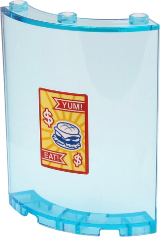 Lego Cylinder Quarter 4 x 4 x 6 with 'YUM!', 'EAT!', Dollar Icons and White Hamburger Sign Pattern (Sticker) - Set 60271 / Trans-Light Blue