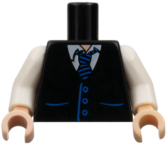 Lego Torso Vest with Pockets and Buttons over White Shirt, Tie with Blue Stripes, Light Nougat Neck Pattern / White Arms / Light Nougat Hands