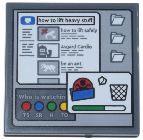 Lego Tile 4 x 4 with Computer Screen Browser Search 'how to lift heavy stuff', File Folders, Hydra File and Trash Bin Pattern (Sticker) - Set 76269