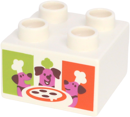 Lego Duplo, Brick 2 x 2 with Pizza Box with Reddish Orange and Lime Rectangles and Dogs with Chef Toques Pattern