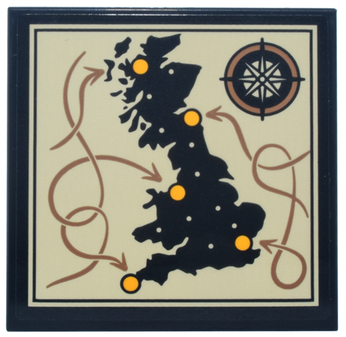 Lego Tile 4 x 4 with Tan Map of Great Britain, Compass Rose, Arrows and Dots Pattern (Sticker) - Set 76457