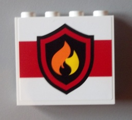 Lego Panel 1 x 4 x 3 with Side Supports - Hollow Studs with Black and Yellow Fire Logo Badge on White Background Pattern (Sticker) - Set 60004 / 60110