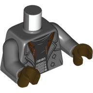 Lego Torso, Coat, Reddish Brown Collar, Black Shirt, Silver Belt, Circles on Back Print, Dark Bluish Gray Arms, Dark Brown Hands / Dark Bluish Gray