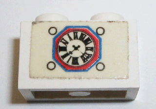 Lego Brick 1 x 2 with Vintage Clock Pattern (Sticker) - Set 294 / White