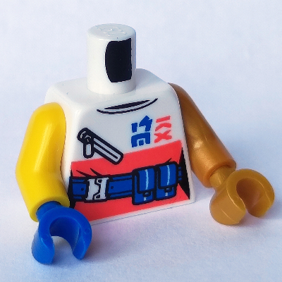Lego Torso, White/Coral Shirt, Blue Utility Belt, Zipper Print, Odd Arms and Hands, Left Pearl Gold Arm and Hand, Right Yellow Arm and Blue Hand