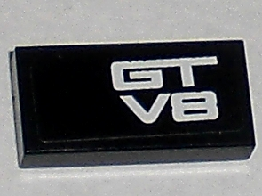 Lego Tile 1 x 2 with White 'GT' and 'V8' Pattern (Sticker) - Set 8196 / Black