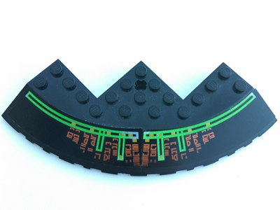 Lego Brick, Round Corner 10 x 10 with Slope 33 Edge, Axle Hole, Facet Cutout with Light Bars and Alien Characters Pattern (Stickers) - Set 7692