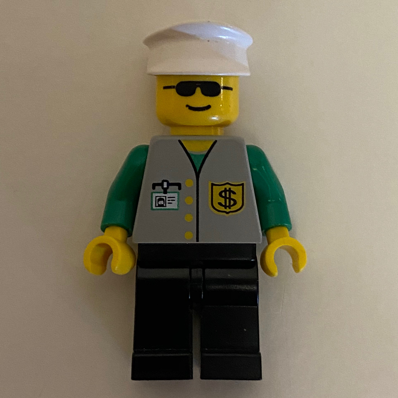 Lego Banker, Light Gray Vest with Badge and ID Badge, Black Legs, White Hat, Sunglasses