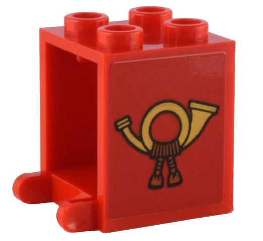 Lego Container, Box 2 x 2 x 2 with Gold French Horn and Dark Orange Tassels Pattern on Both Sides (Stickers) - Set 10308 / Red