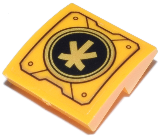 Lego Slope, Curved 2 x 2 x 2/3 Inverted with Mechanical Panel with Ninjago Logogram Letter K on Black and Gold Circle Pattern (Sticker) - Set 71837