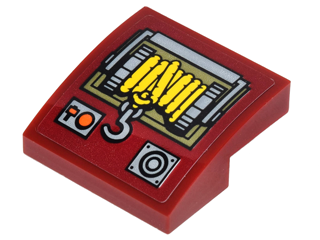 Lego Slope, Curved 2 x 2 x 2/3 with Buttons, Winch with Yellow Rope, and Hook Pattern (Sticker) - Set 70592 / Dark Red