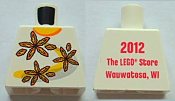 Lego Torso Shirt with Orange Collar and 3 Flowers over Yellow and Silver Curved Stripes, '2012 The LEGO Store Wauwatosa, WI' on Back Pattern / White